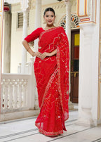 Red Synthetic Georgette saree with Gota Patti Work and Chundi side drape view