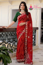 Red Pure Georgette Wedding saree with Bandhani and Handwork from Rang Rajasthani