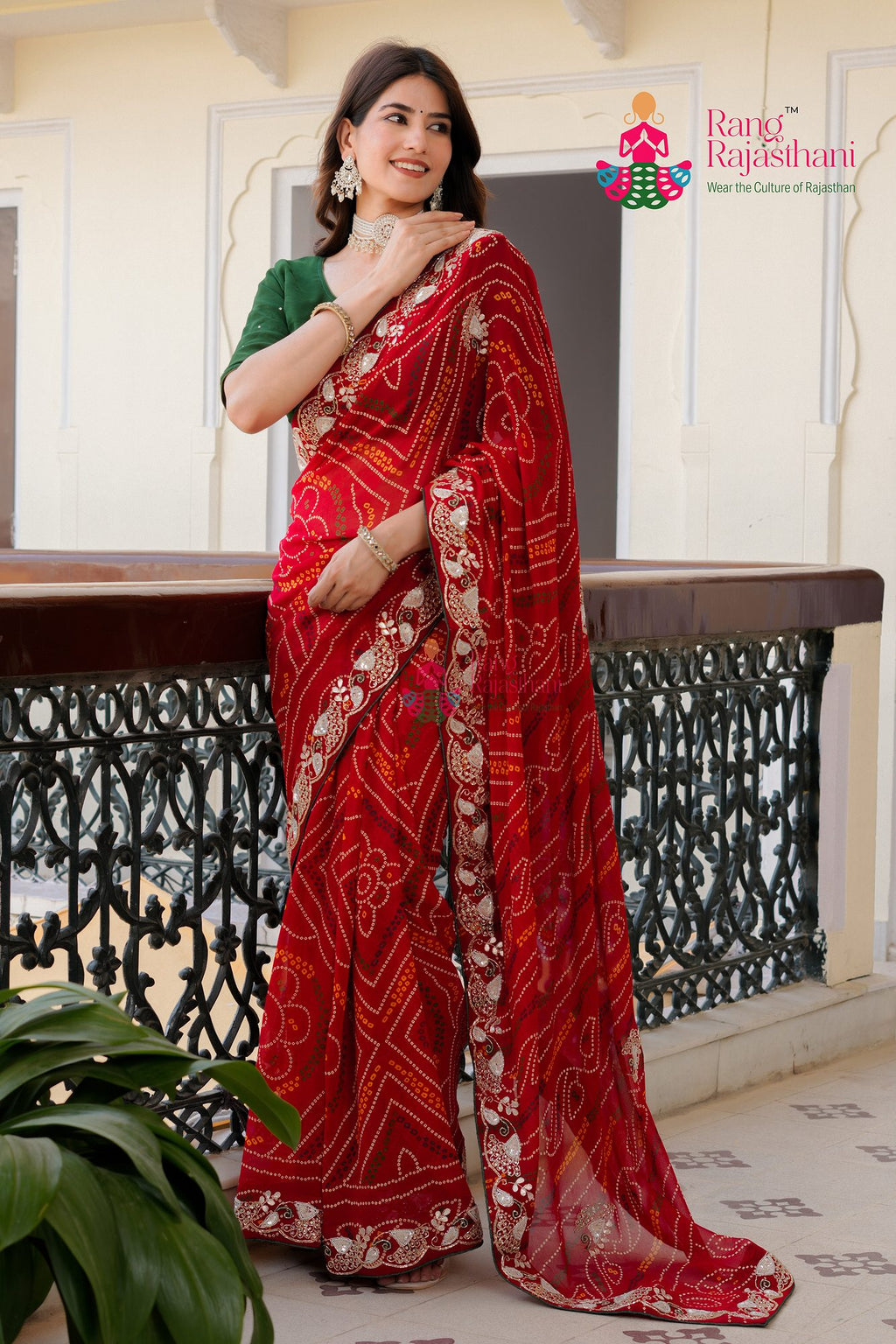 Red Pure Georgette saree with Bandhani and Handwork side drape view