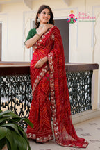 Red Pure Georgette saree with Bandhani and Handwork side drape view