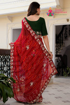 Red Pure Georgette saree with Bandhani and Handwork back view