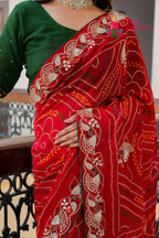 Red Pure Georgette saree with Bandhani and Handwork close up detailing