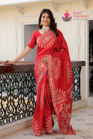 Red Pure Upada Silk Bandhani Print Chunri Saree for Mayra Ceremony | Bridal Edit