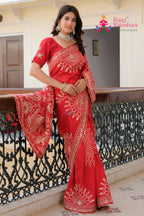Red Pure Upada Silk saree with Gottapatti and Bandhani side drape view
