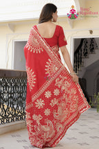 Red Pure Upada Silk saree with Gottapatti and Bandhani back view