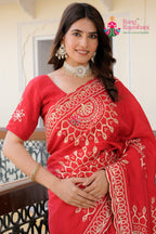 Red Pure Upada Silk saree with Gottapatti and Bandhani close up detailing