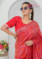 Red Dola Silk saree with Ghatchola and Weaving Bandhani close up detailing