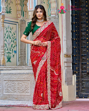 Red Soft Georgette Bandhani Print Chunri Saree for Mayra Ceremony | Premium Pick