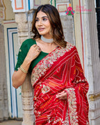 Red Georgette saree with Gota-patti Handwork close up detailing