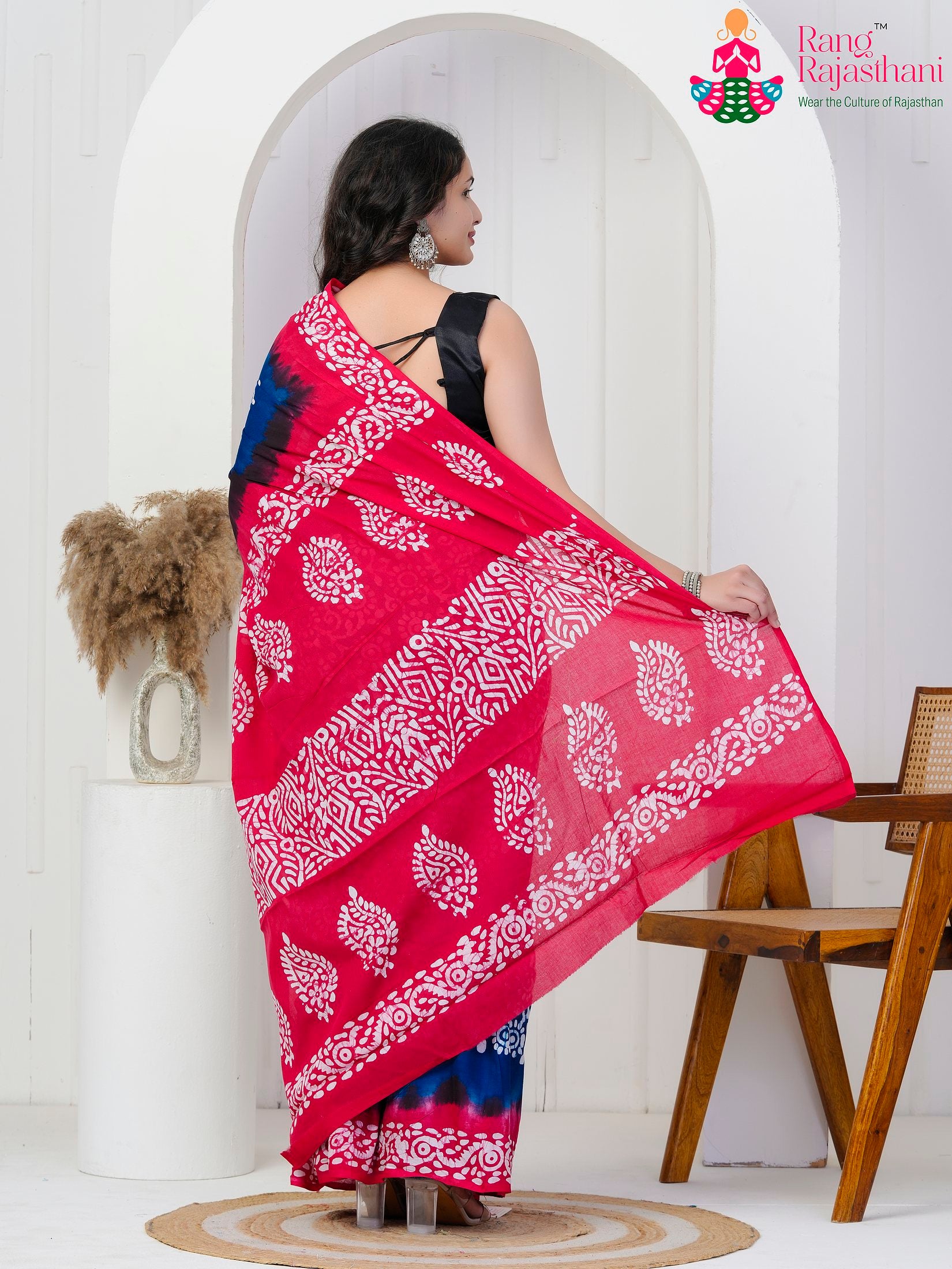 Blue Cotton saree with Printed back view