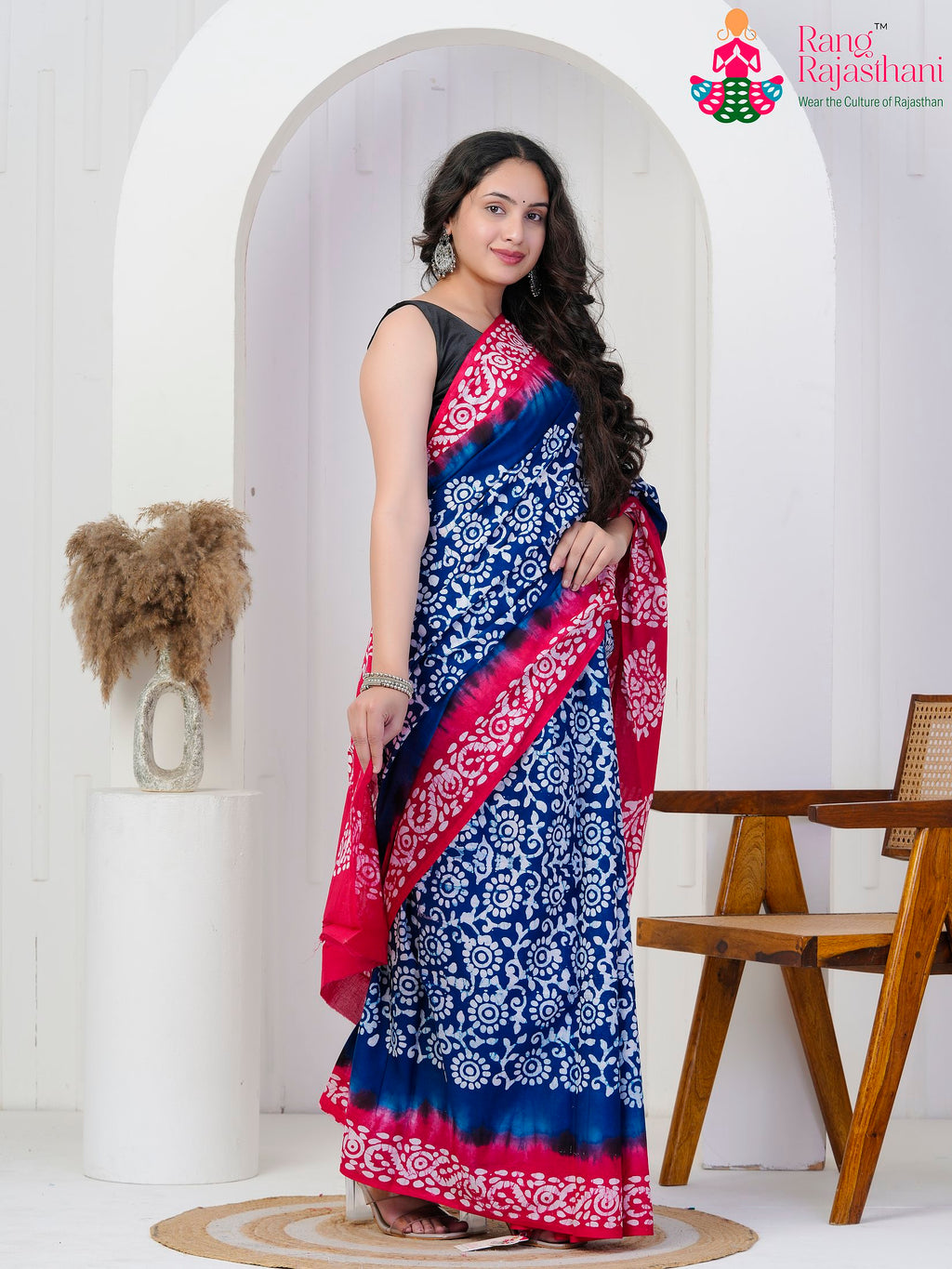 Blue Cotton saree with Printed side drape view