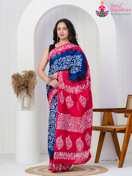Red Blue Pure Cotton Block Print Saree : Everyday Craft