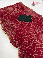 complete look of red chiffon bandhani saree