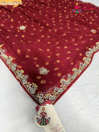 pallu detailing of red chiffon hand embellishment saree