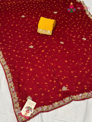 Red Pure Chiffon Hand Embellishment Saree for Bridal | Reception Wear