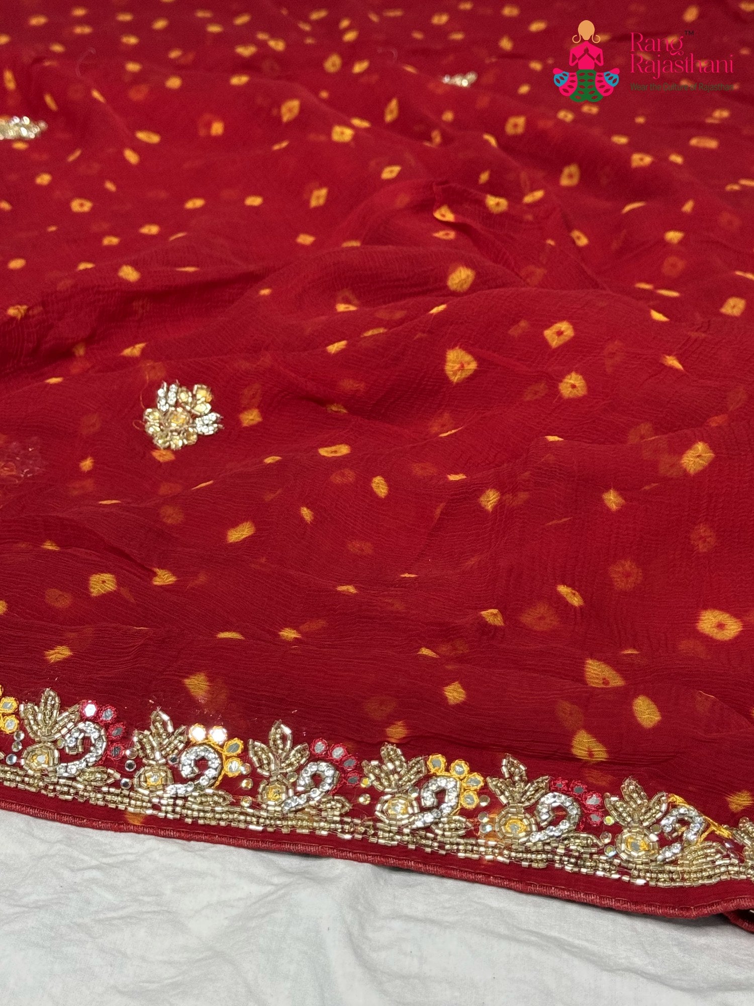 Red Chiffon Hand Embellishment Saree for Bridal | Reception Wear