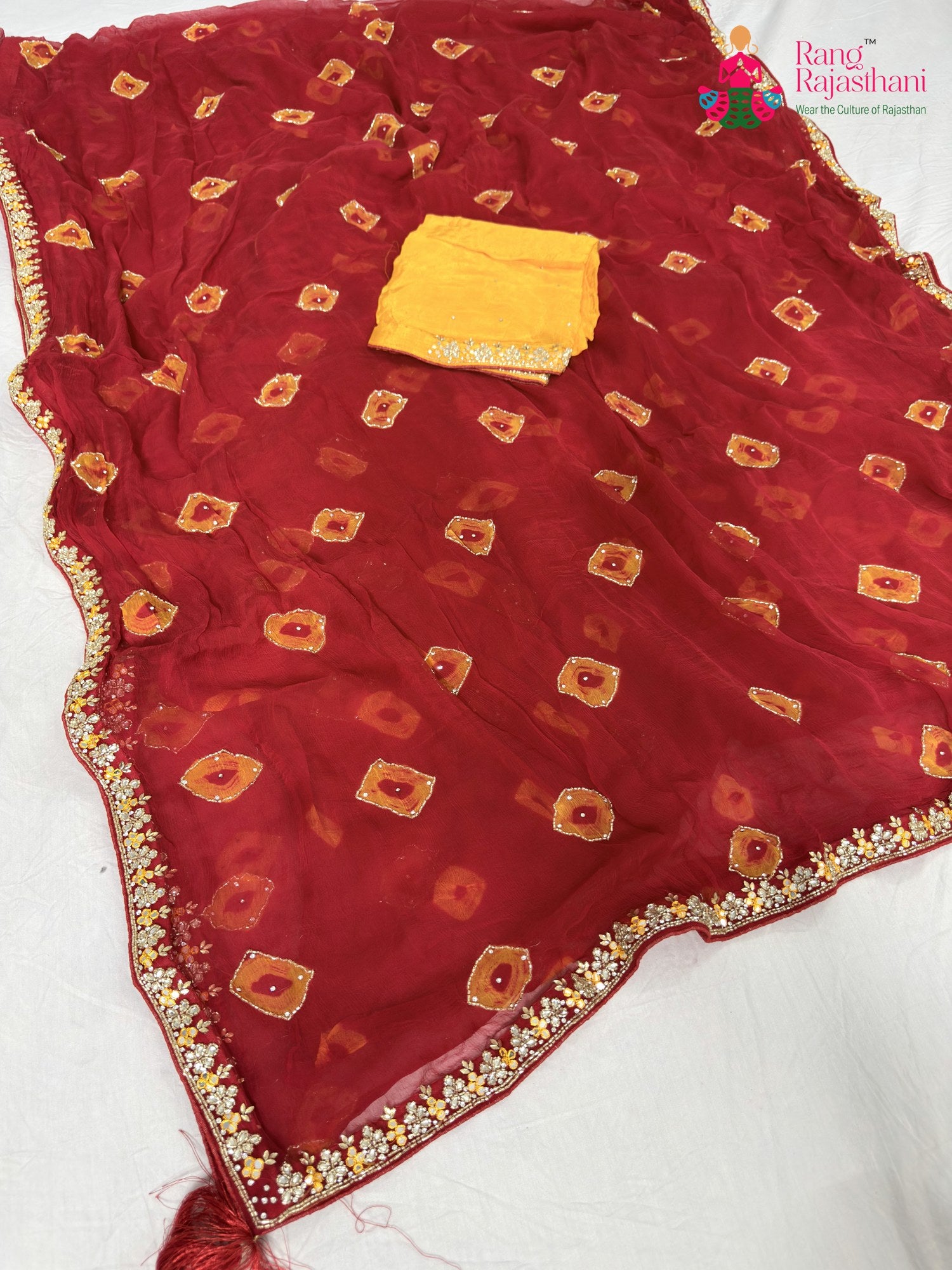 red chiffon hand embellishment saree for bridal wear by Rang Rajasthani