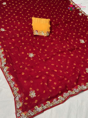 Red Pure Chiffon Hand Embellishment Saree for Sangeet Night | Designer Saree
