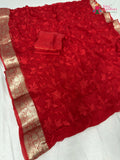 close up detailing of red chiffon resham embroidery saree