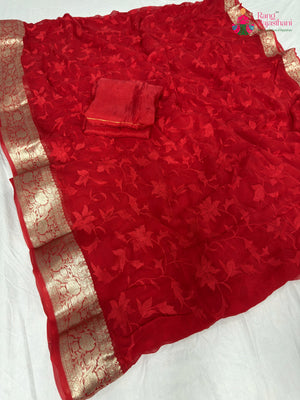 Red Pure Chiffon Resham Embroidery Saree for Festive Celebration | Classic Edit