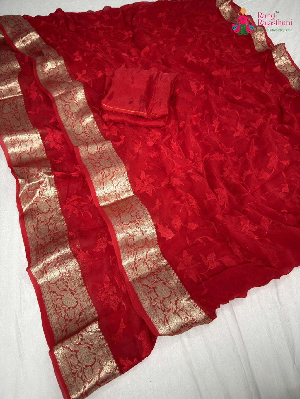 complete look of red chiffon resham embroidery saree