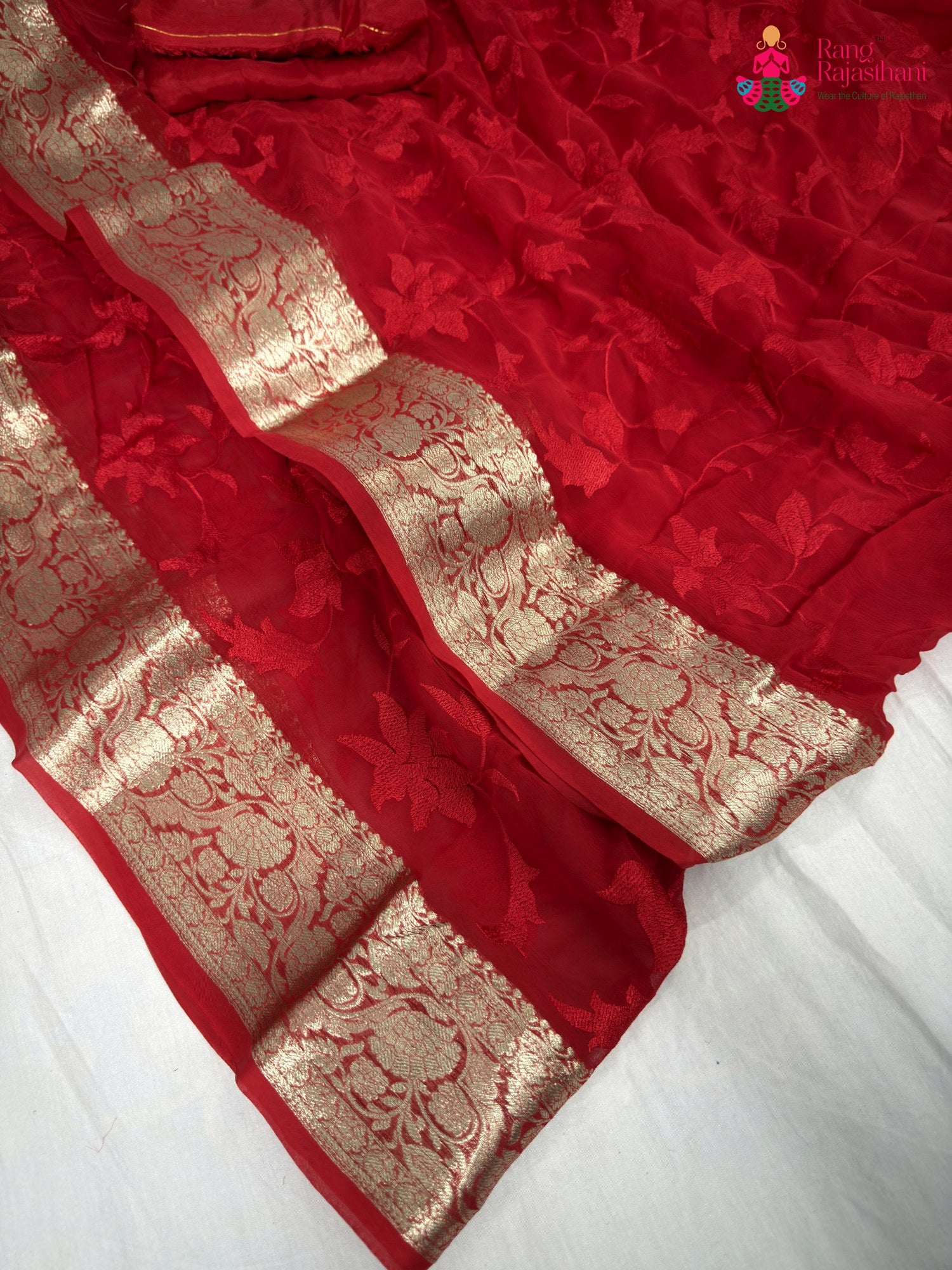 border detailing of red chiffon resham embroidery saree
