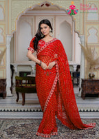 complete look of red chiffon saree 