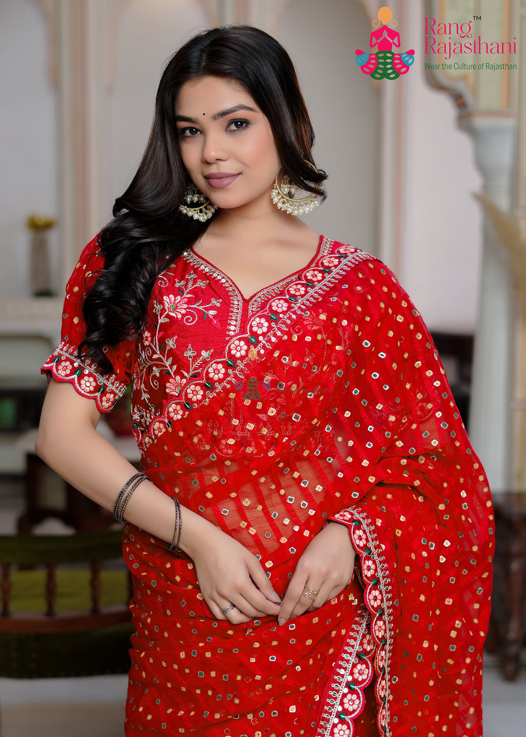 pallu detailing of red chiffon saree 
