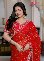 pallu detailing of red chiffon saree 