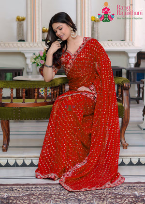 Red Art Chiffon Zari Embroidery Saree for Karwa Chauth | Shop Now
