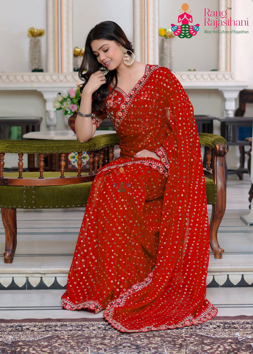 Red Art Chiffon Zari Embroidery Saree for Karwa Chauth | Shop Now main-image