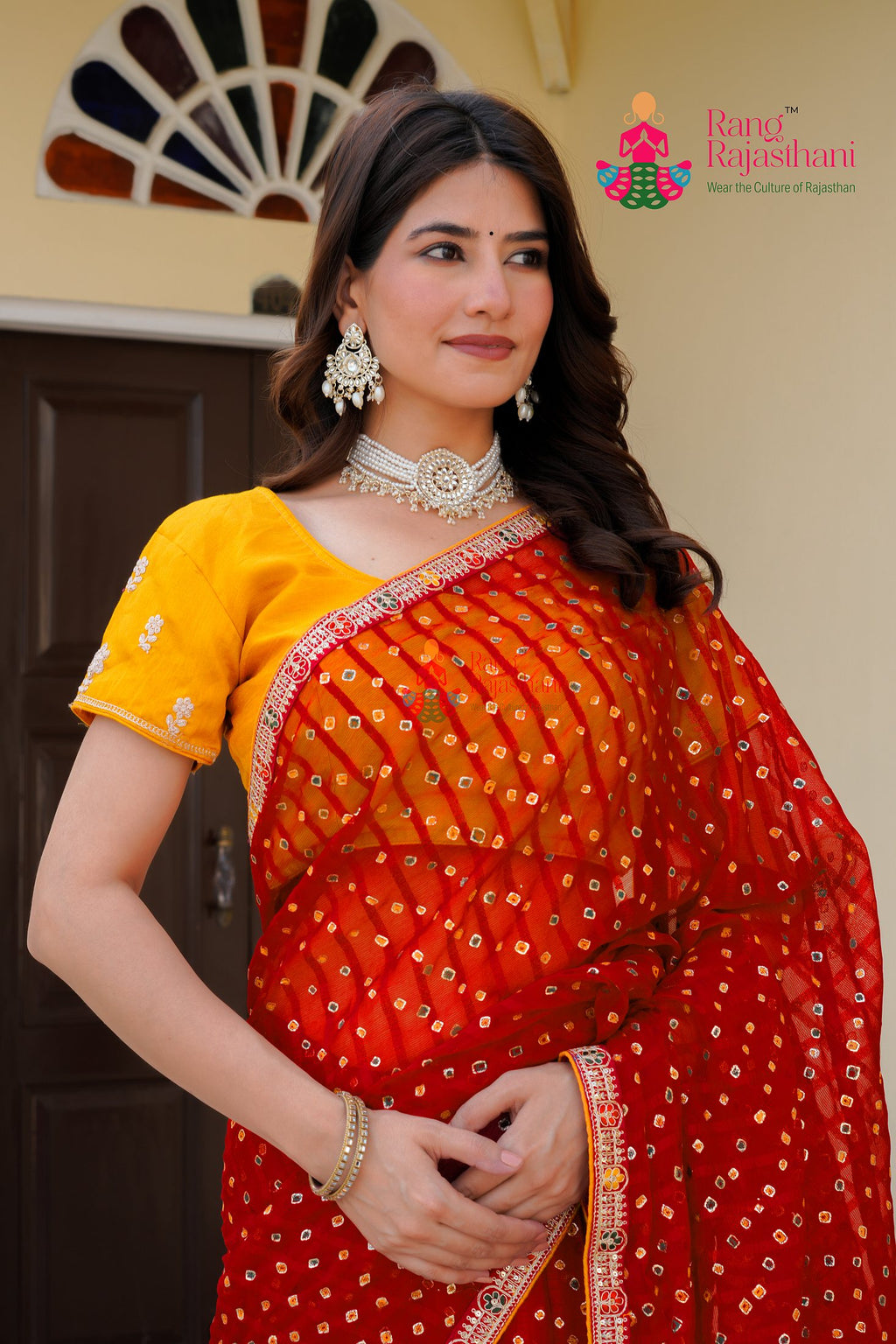 complete look of red chiffon saree 