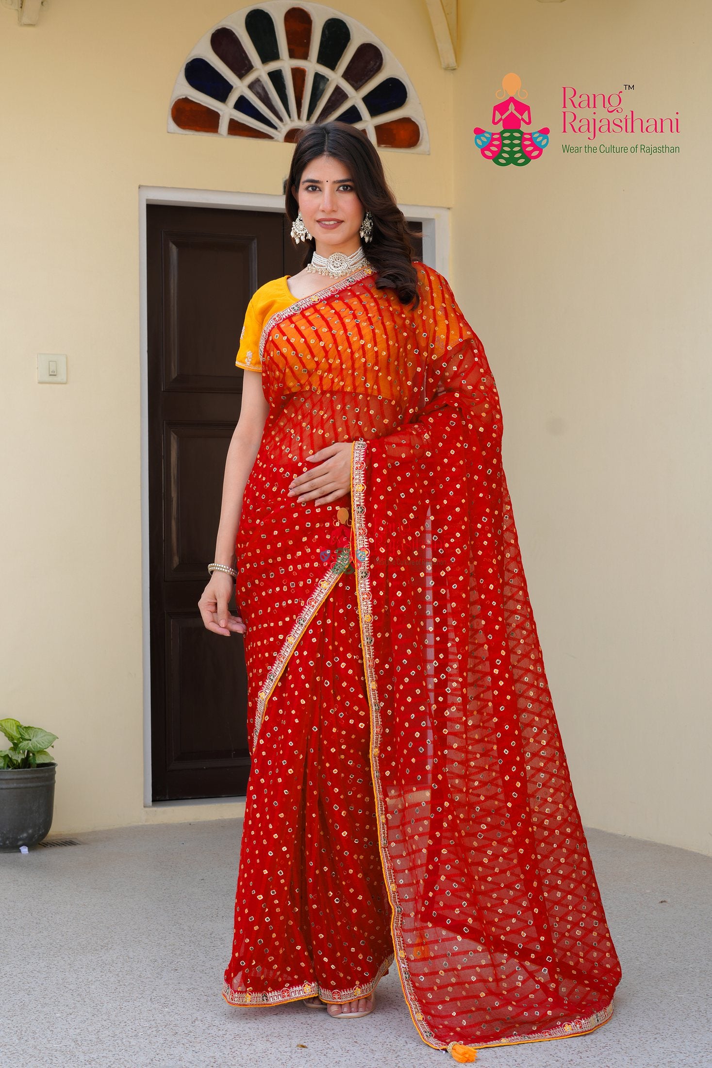 pallu detailing of red chiffon saree 