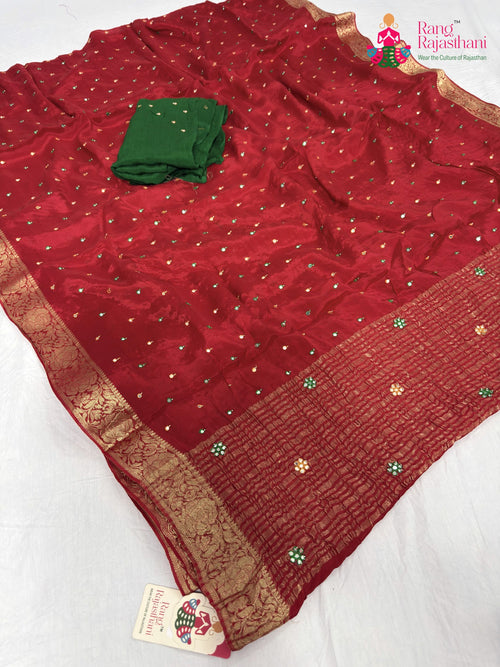 Red Chinnon Banarasi Zari Weave Saree : Pure Calm main-image