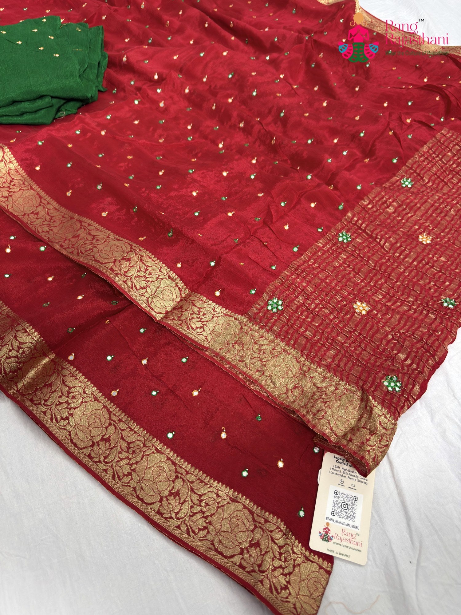 complete look of red chinnon banarasi zari weave saree