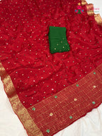 red chinnon banarasi zari weave saree ethnic wear by Rang Rajasthani