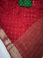 fabric texture of red chinnon loom glimmer saree