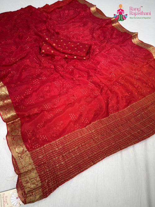 Red Chinnon Resham Embroidery Saree : Gentle Flow main-image