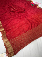 pallu detailing of red chinnon resham embroidery saree