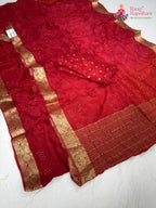 close up detailing of red chinnon resham embroidery saree