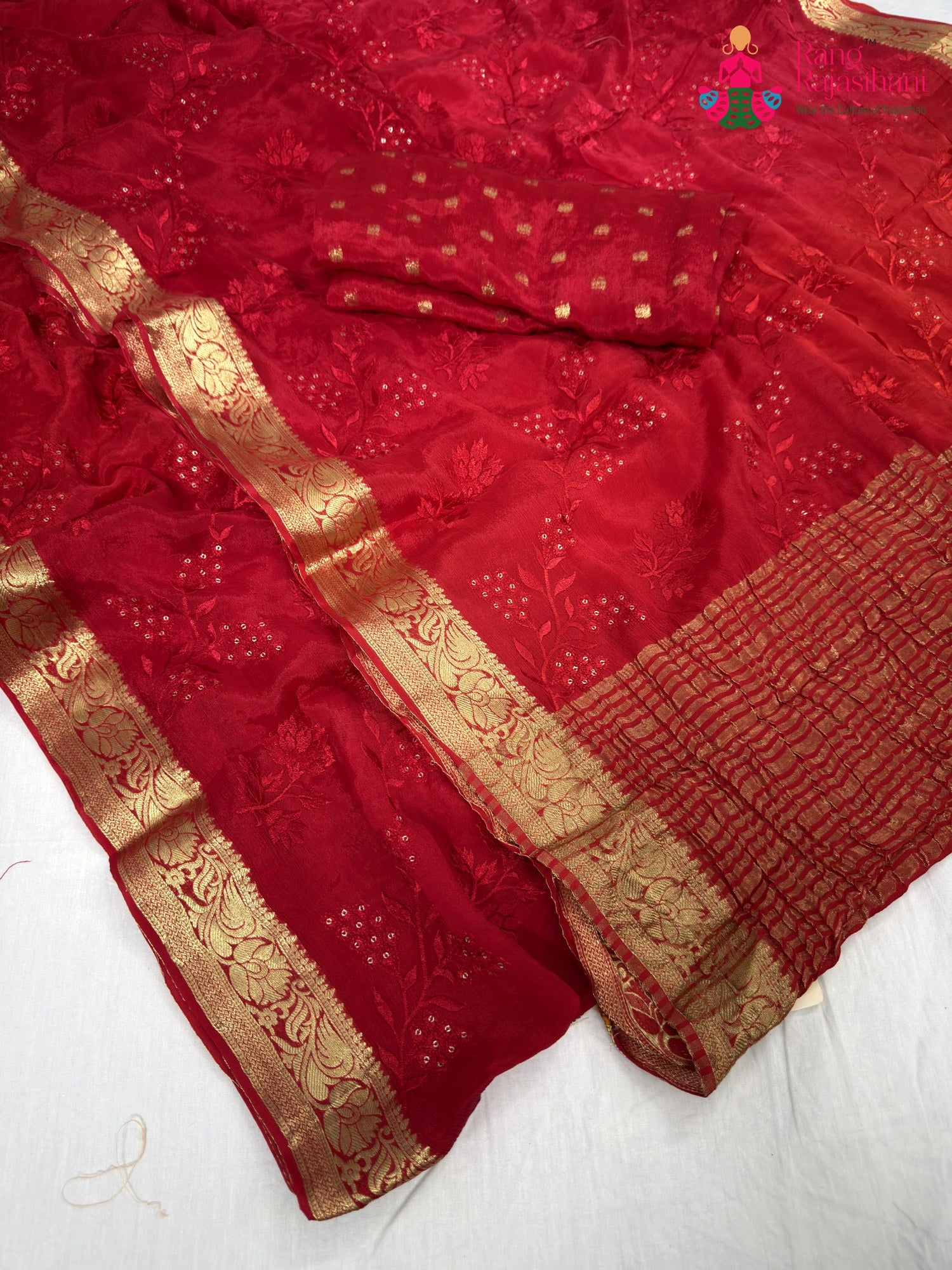 complete look of red chinnon resham embroidery saree