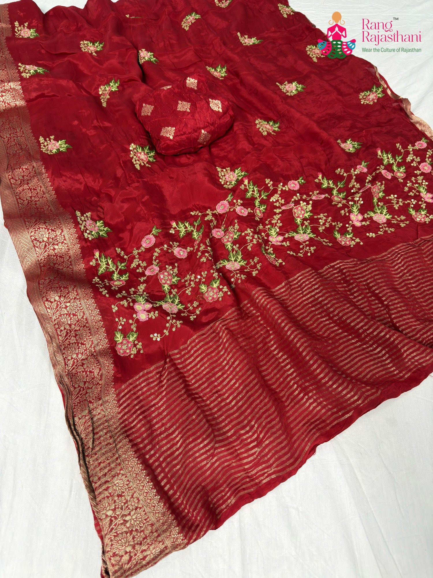 Red Chinnon Resham Embroidery Saree for Wedding Guest | Designer Collection