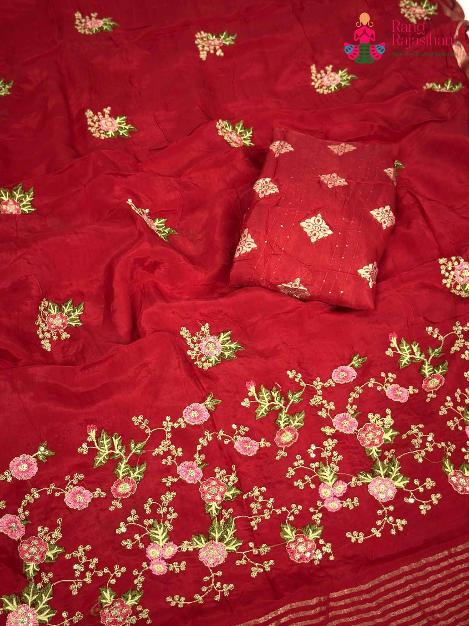 Red Chinnon Resham Embroidery Saree for Wedding Guest | Authentic Weave