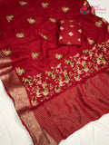 Red Chinnon Resham Embroidery Saree for Wedding Guest | Authentic Weave
