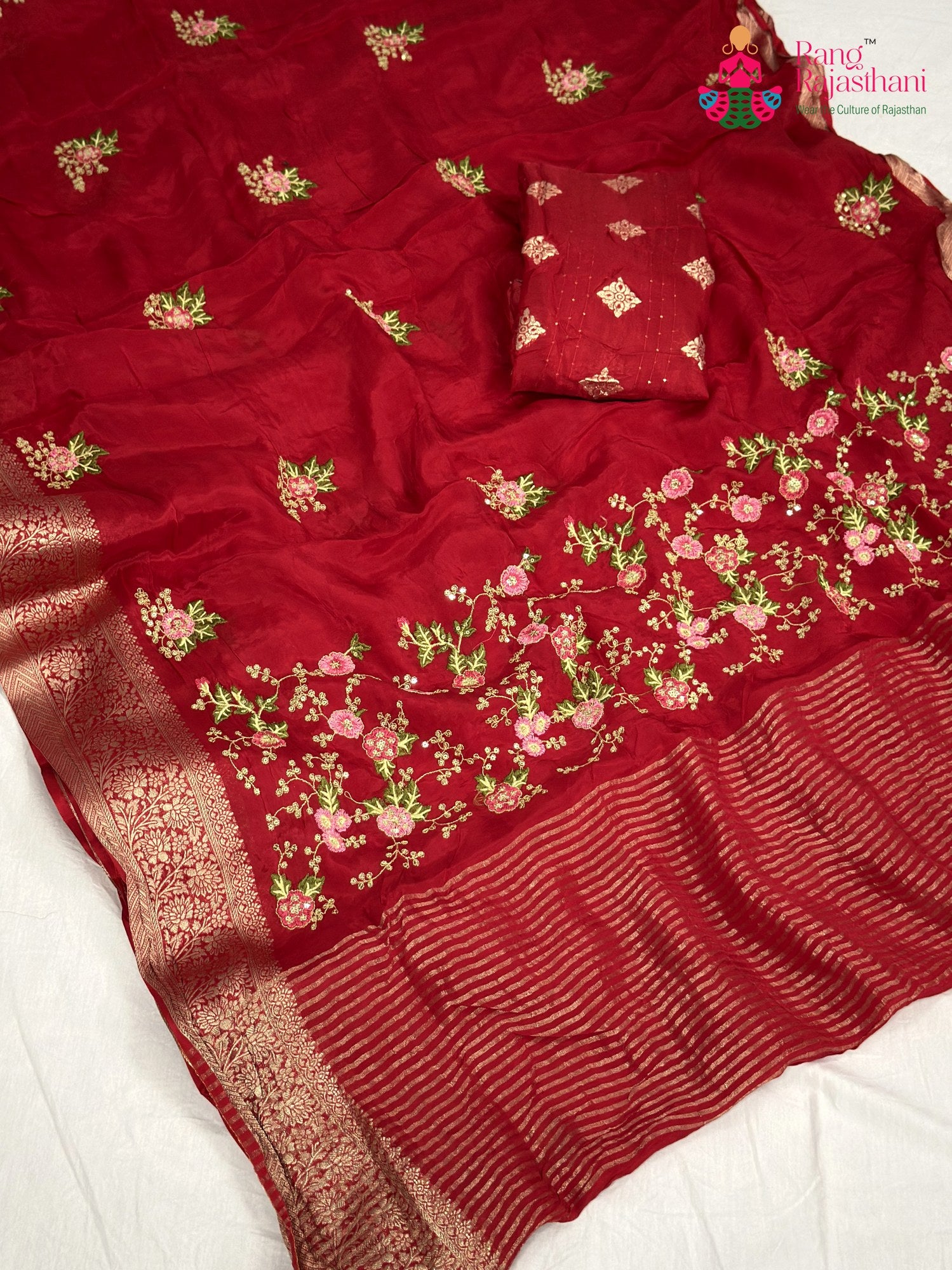 Red Chinnon Resham Embroidery Saree for Wedding Guest | Authentic Weave