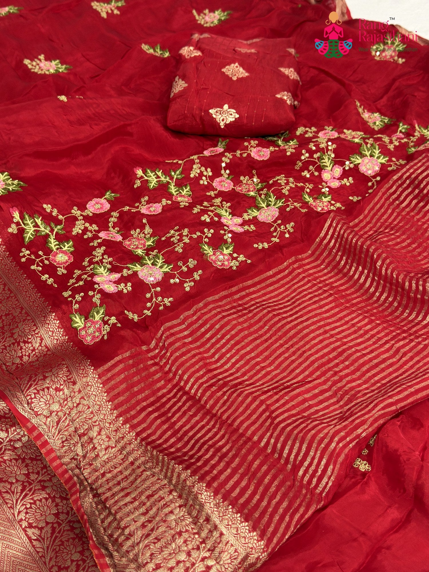 Red Chinnon Resham Embroidery Saree for Wedding Guest | Authentic Weave