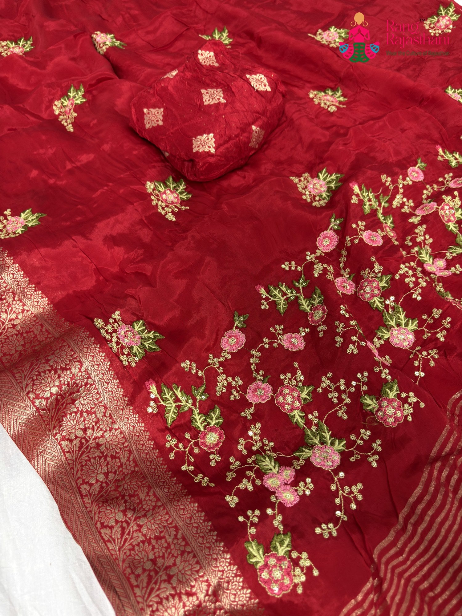 Red Chinnon Resham Embroidery Saree for Wedding Guest | Designer Collection