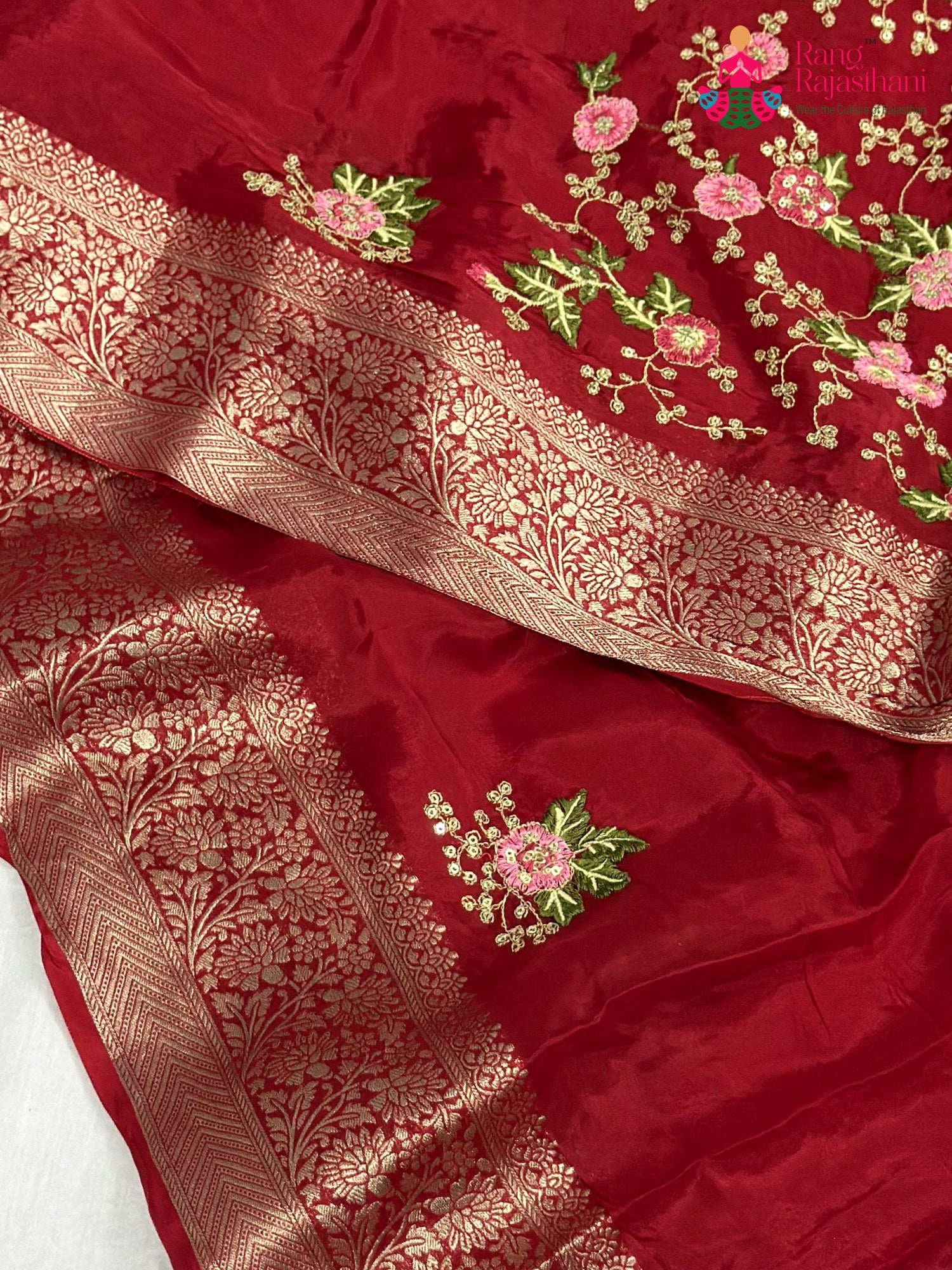 Red Chinnon Resham Embroidery Saree for Wedding Guest | Authentic Weave