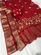 border detailing of red chinnon resham embroidery saree