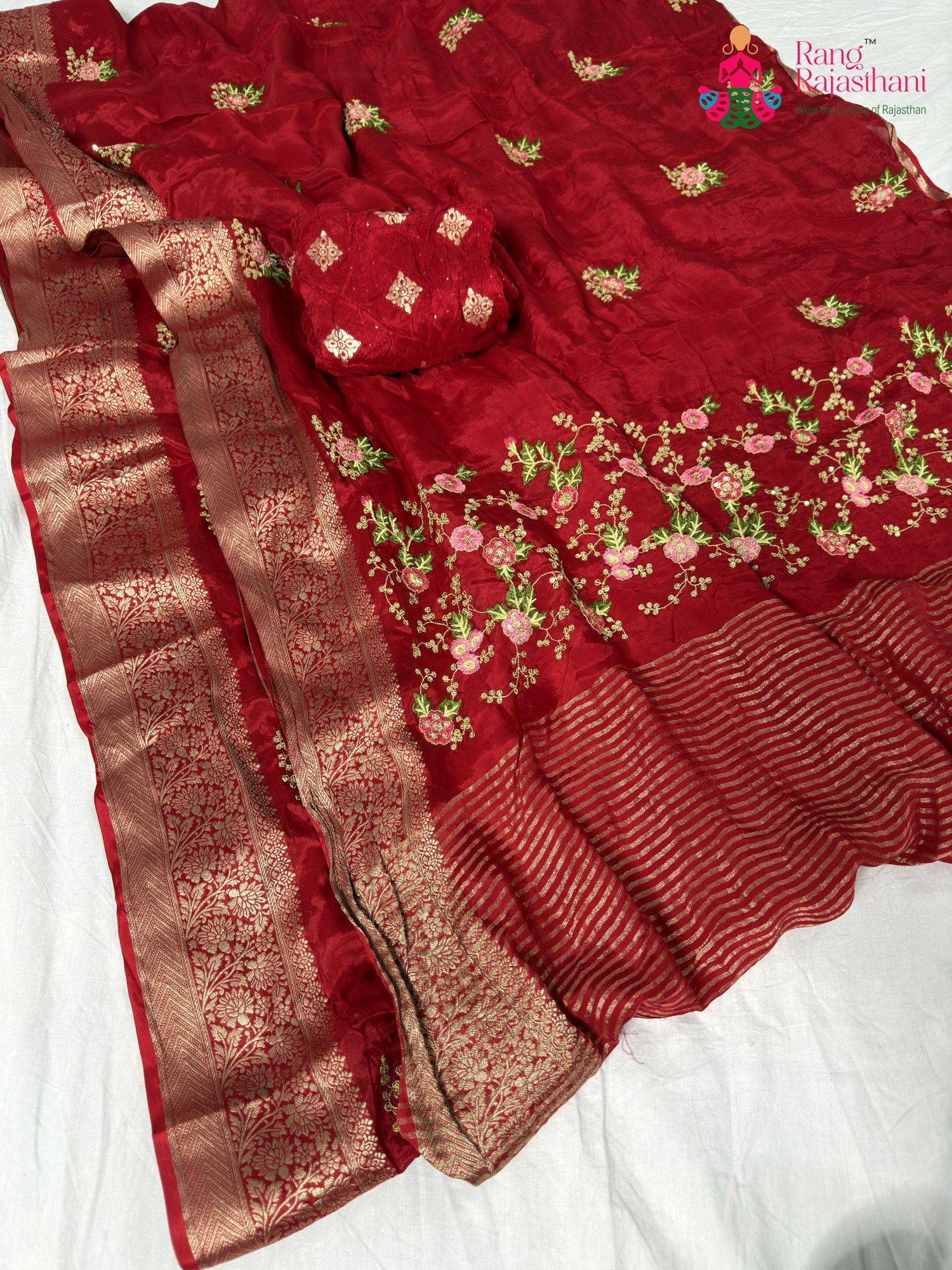 Red Chinnon Resham Embroidery Saree for Wedding Guest | Designer Collection